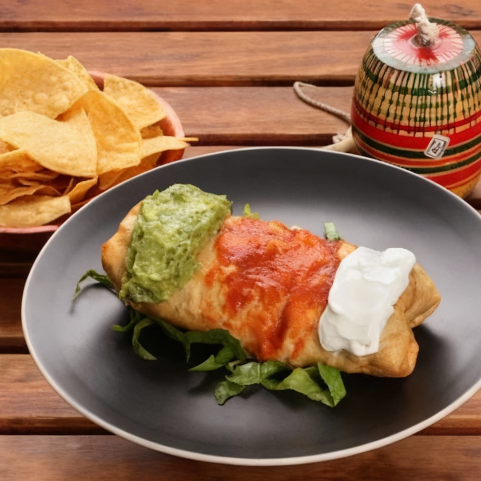 A Mexican chimichanga topped with guacamole, red sauce, and sour cream, served with tortilla chips.