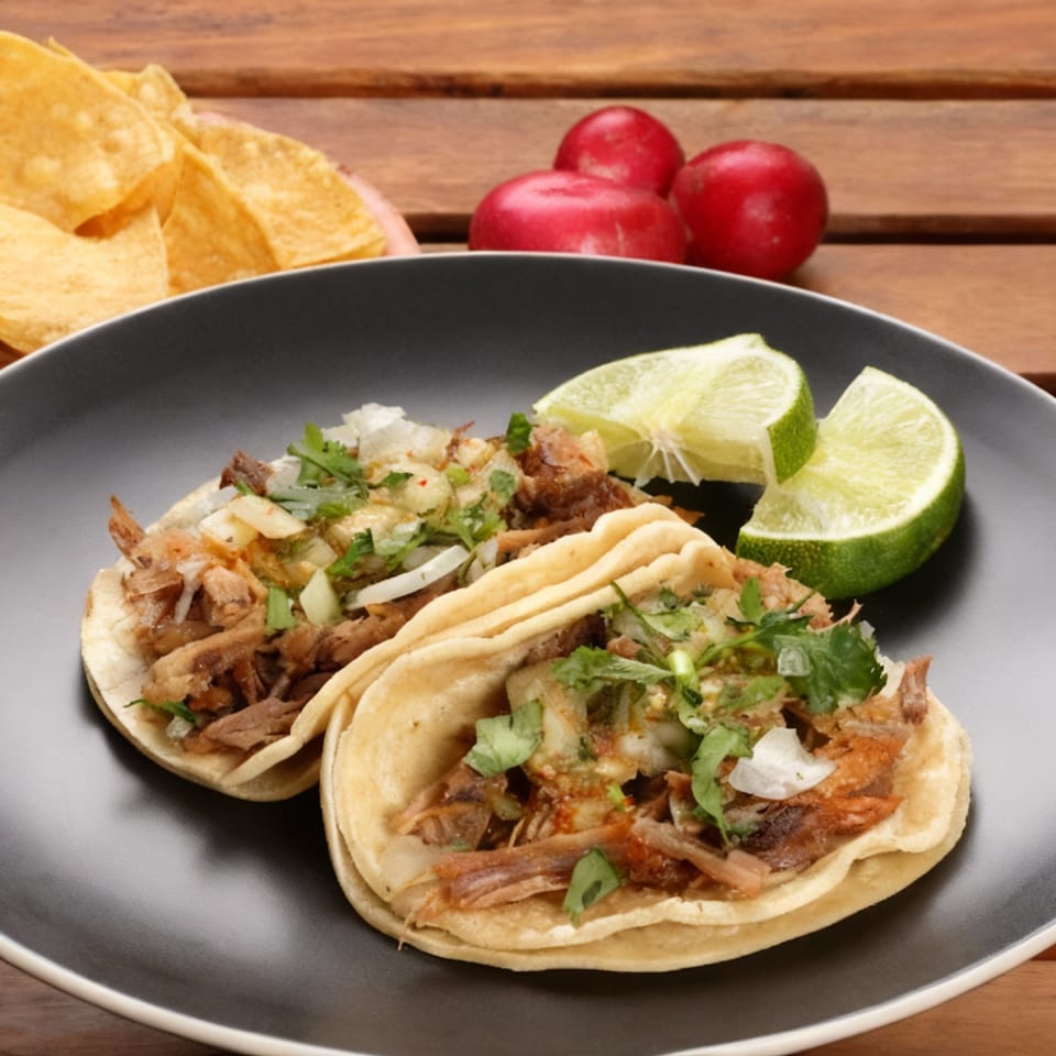 Two carnitas tacos with cilantro, onions, and lime wedges on a black plate, with chips and radishes.